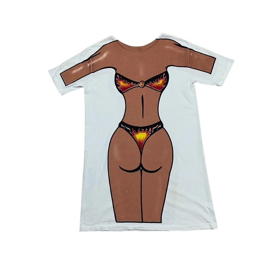 Vintage 90s Streetwear Distressed Flame Bikini Beach T-Shirt Women's Swim Dress